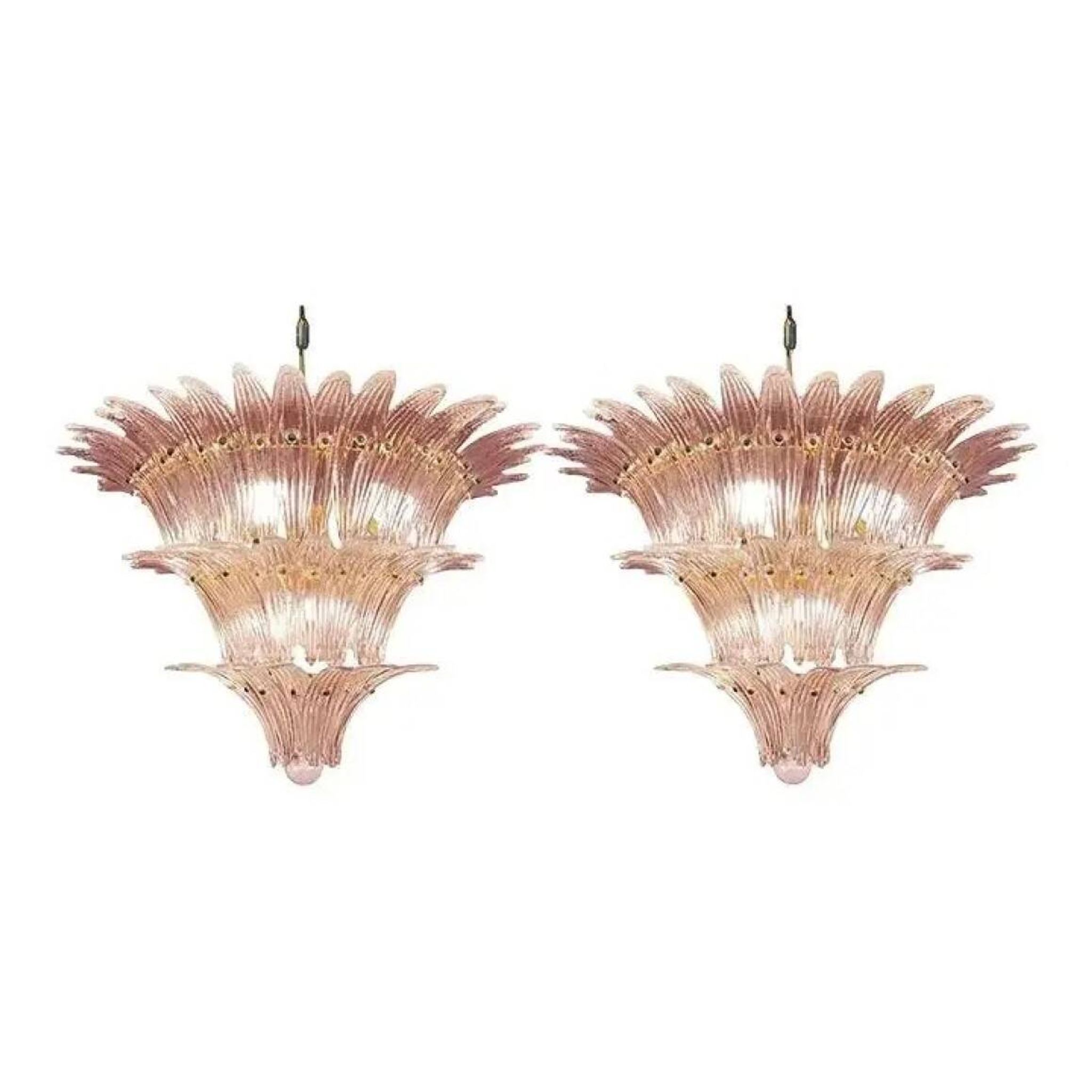 Luxury Pair of Pink “Palmette” Murano Glass Chandeliers in Mid-Century