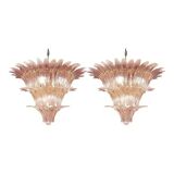 Luxury Pair of Pink “Palmette” Murano Glass Chandeliers in Mid-Century