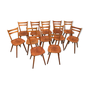 Lot de 12 chaises 1960 en hêtre et pieds compas