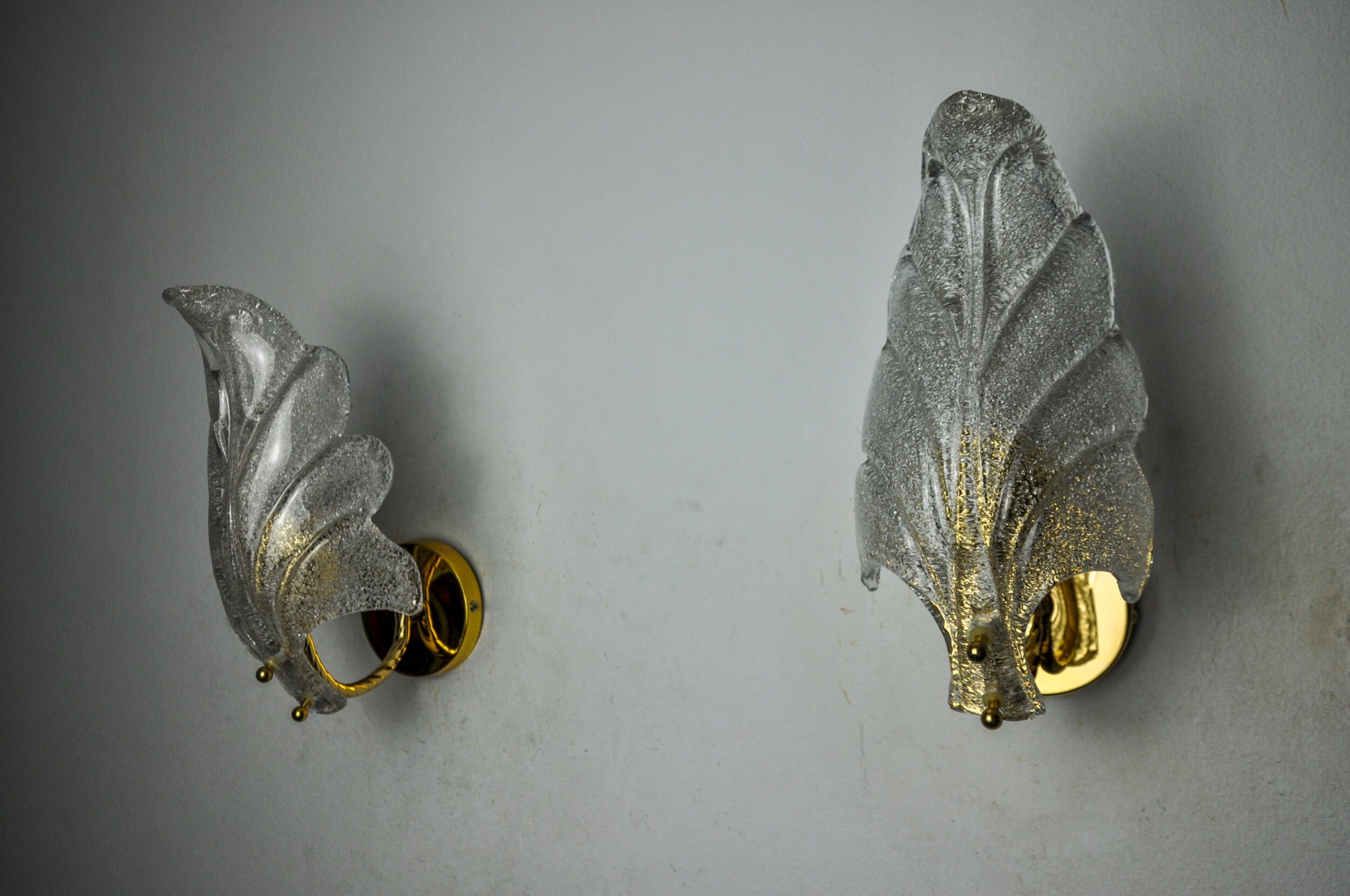 Pair of frosted leaf sconces, murano glass, italy, 1970