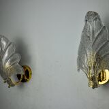 Pair of frosted leaf sconces, murano glass, italy, 1970
