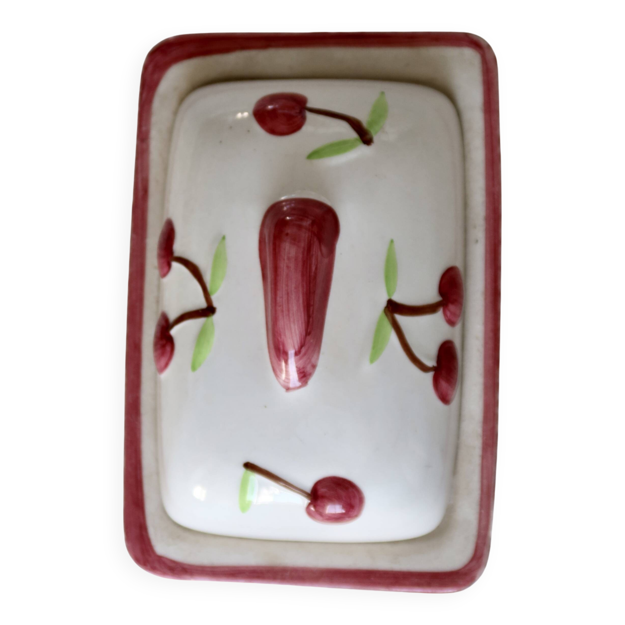 Vintage butter dish in slip and earthenware - Cherry pattern