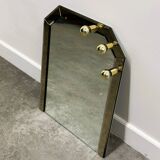 Vintage German brass & smoked mirror with architectural faceted top, 1980s.