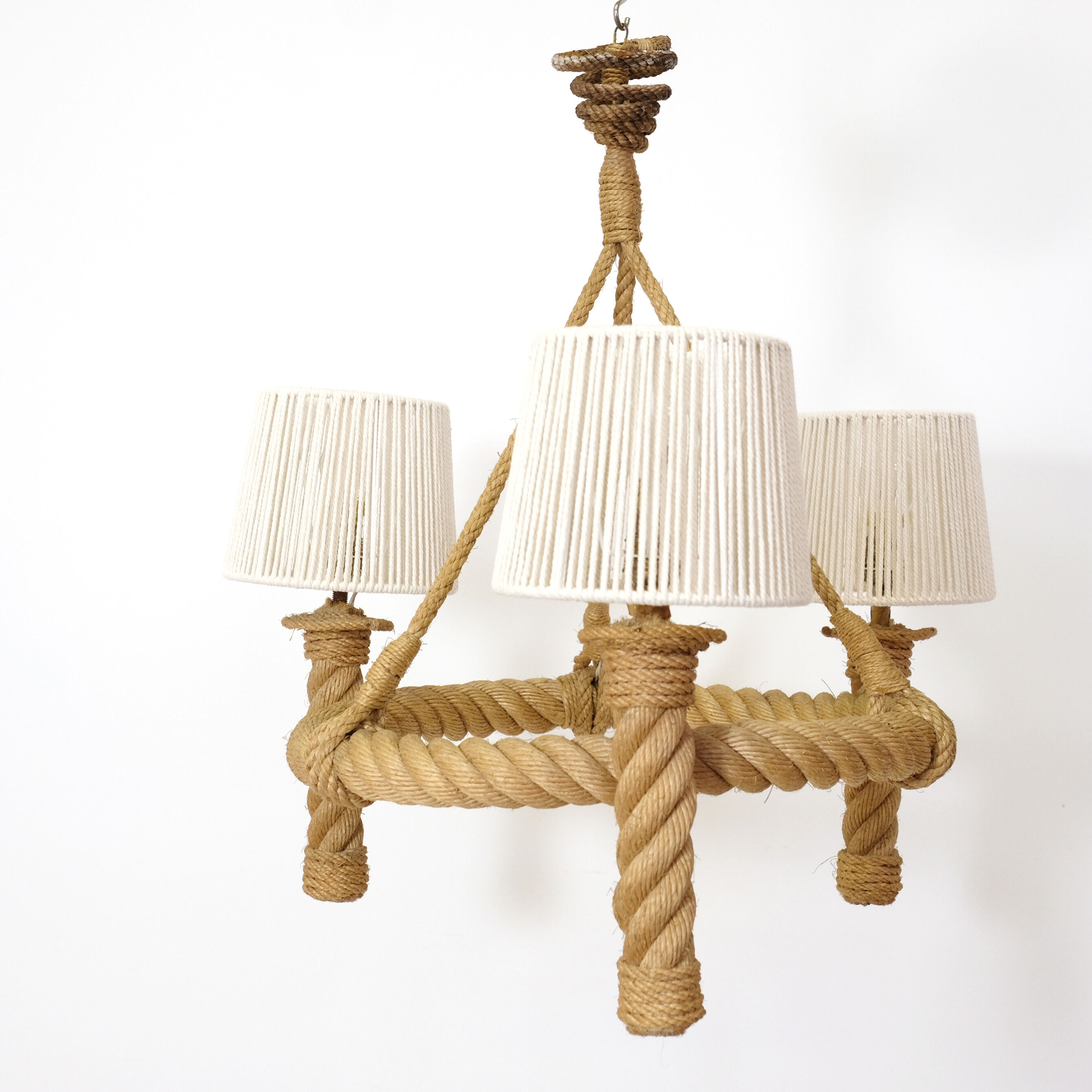 Three-light braided rope pendant light, 1950-1960.