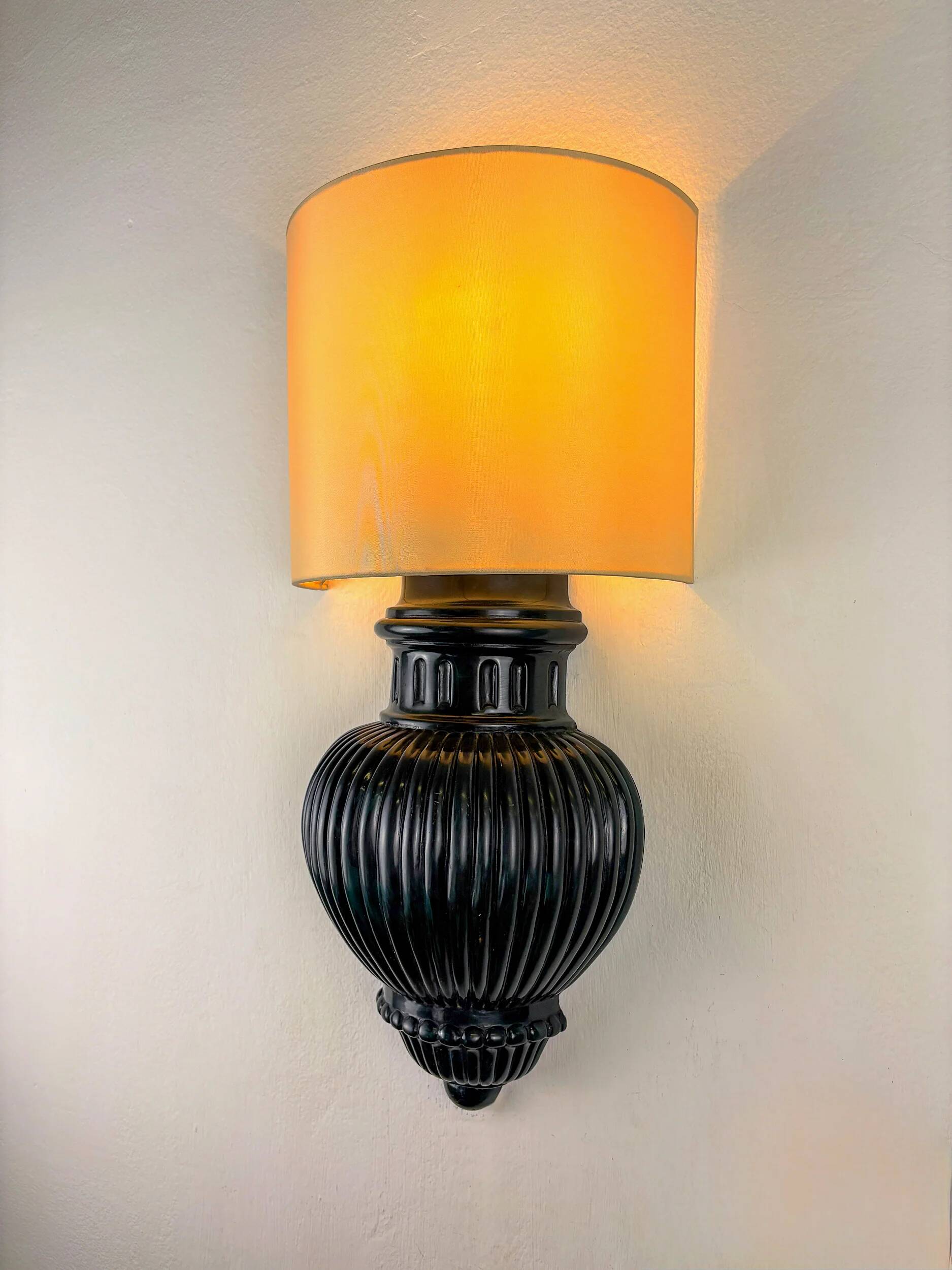 Pair of Art Deco wall lights with shades in glazed cast ceramic,Italy,1970s