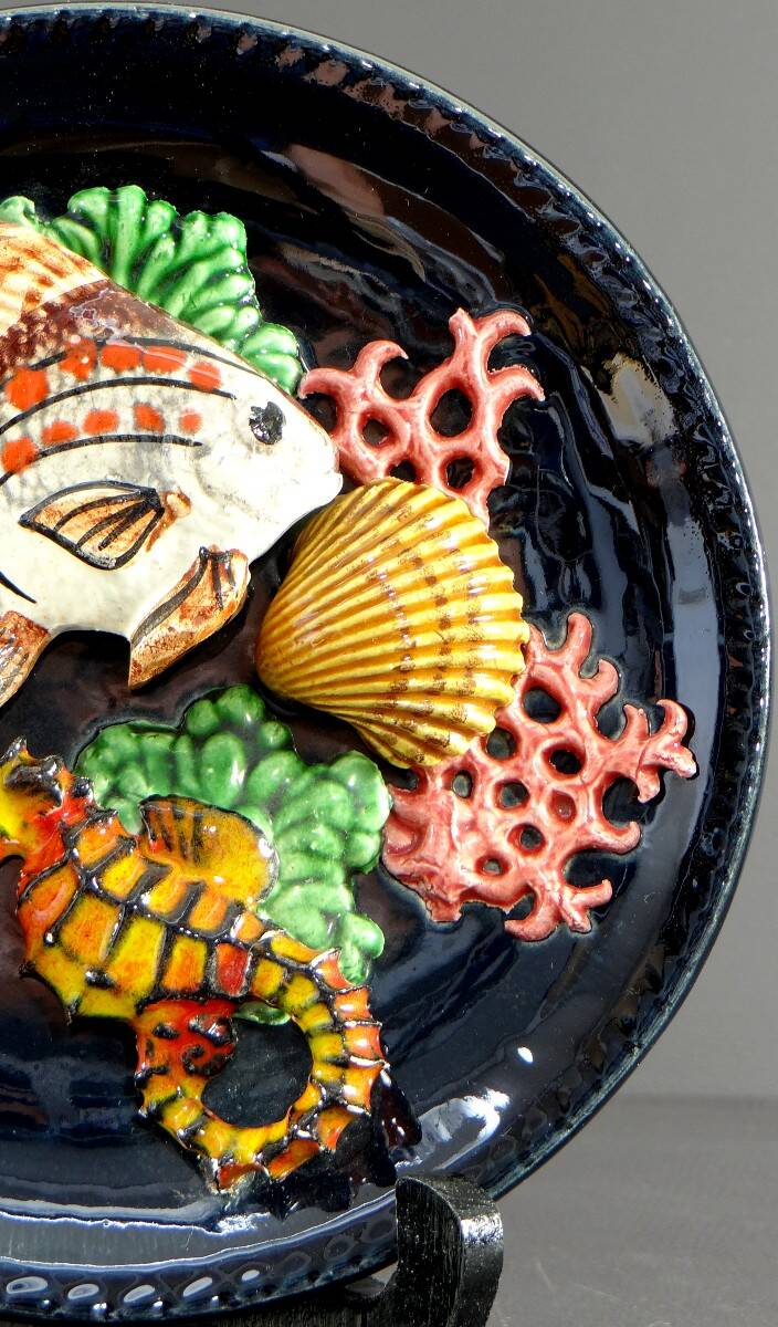 Vallauris, 1950s, Earthenware Plate Decorated With A Fish, A Seahorse And Corals.