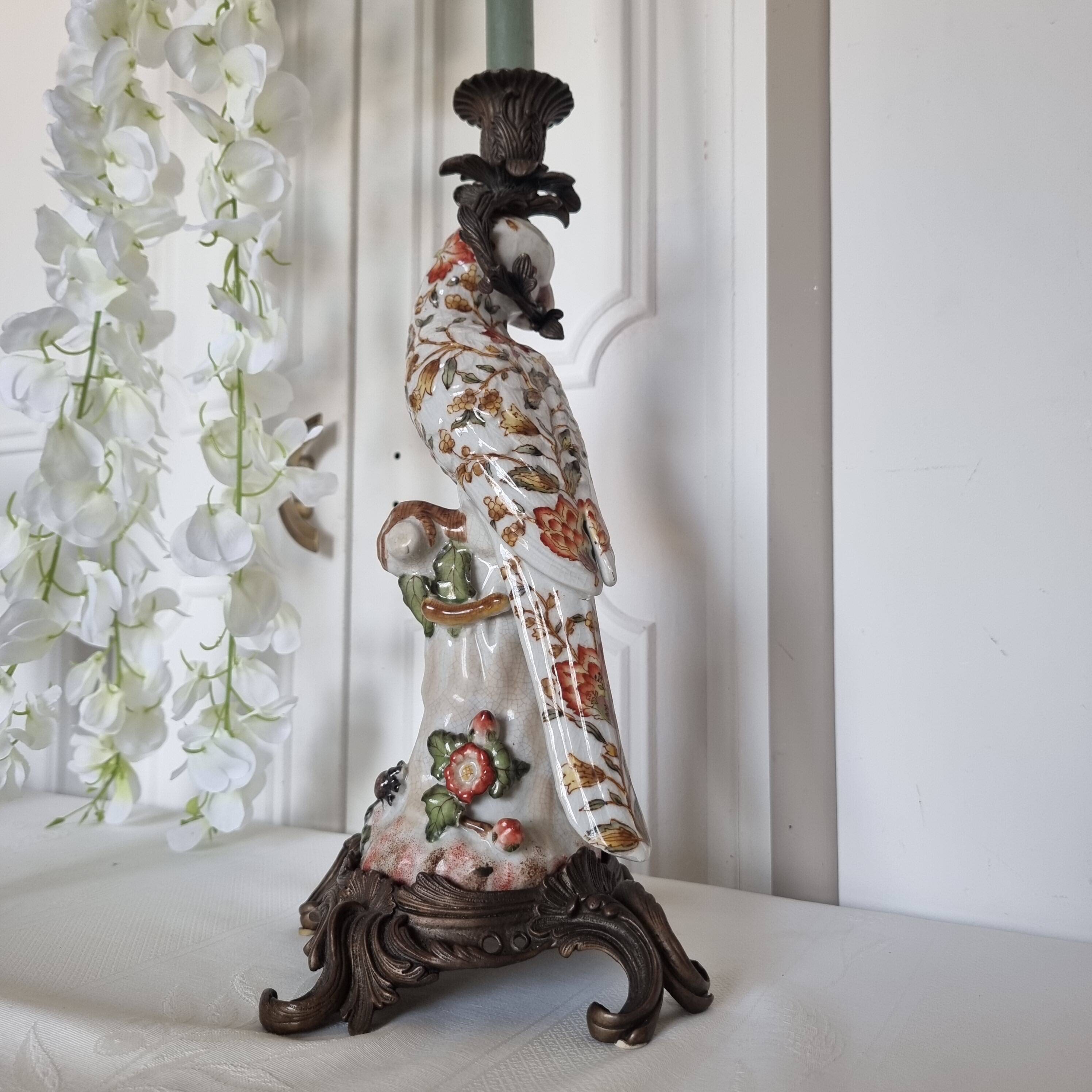 Parrot Candle Holder, Enameled Porcelain and Bronze, Late 19th Century