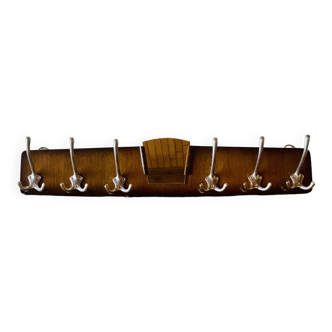 Wooden wall coat rack with vintage mirror - 6 hooks