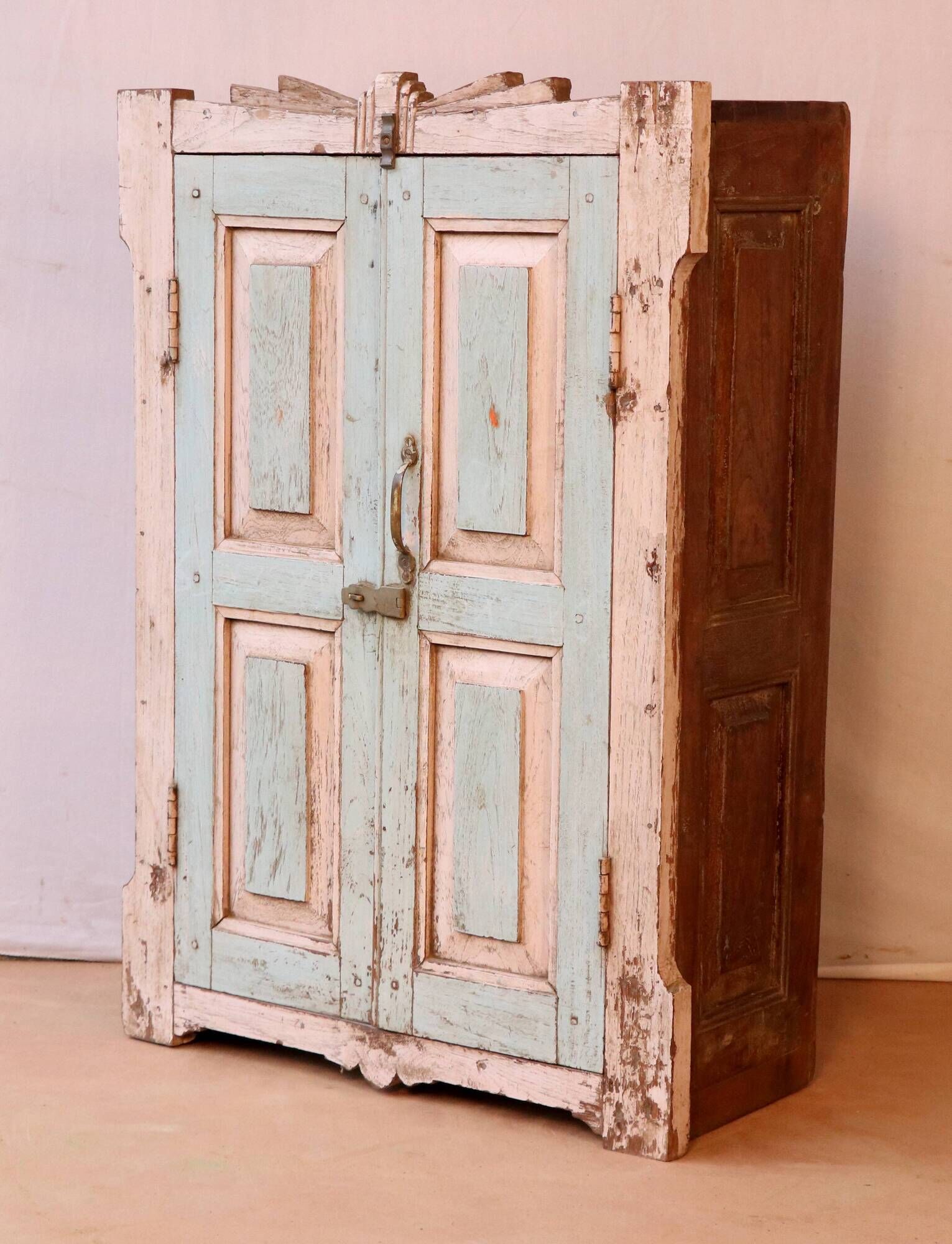 Old art deco cabinet in original turquoise-pink patina Burmese teak