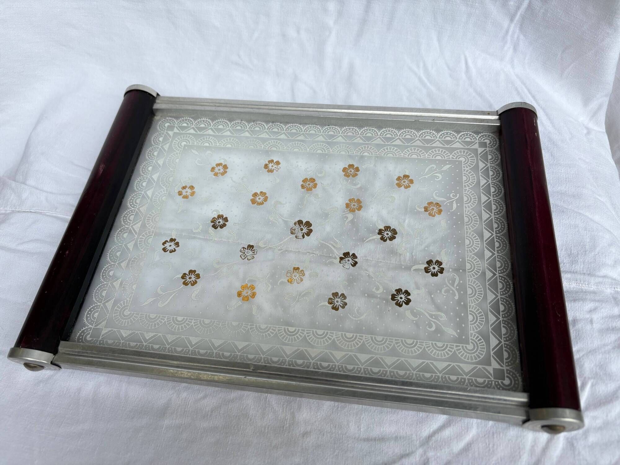 Small Art Deco tray in etched glass and chrome-plated metal – 1930s/40s