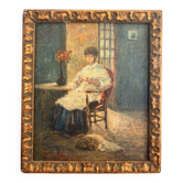 Tableau Peinture Huile Paul Flaubert 1928-1994 Scene Intérieur Tricoteuse