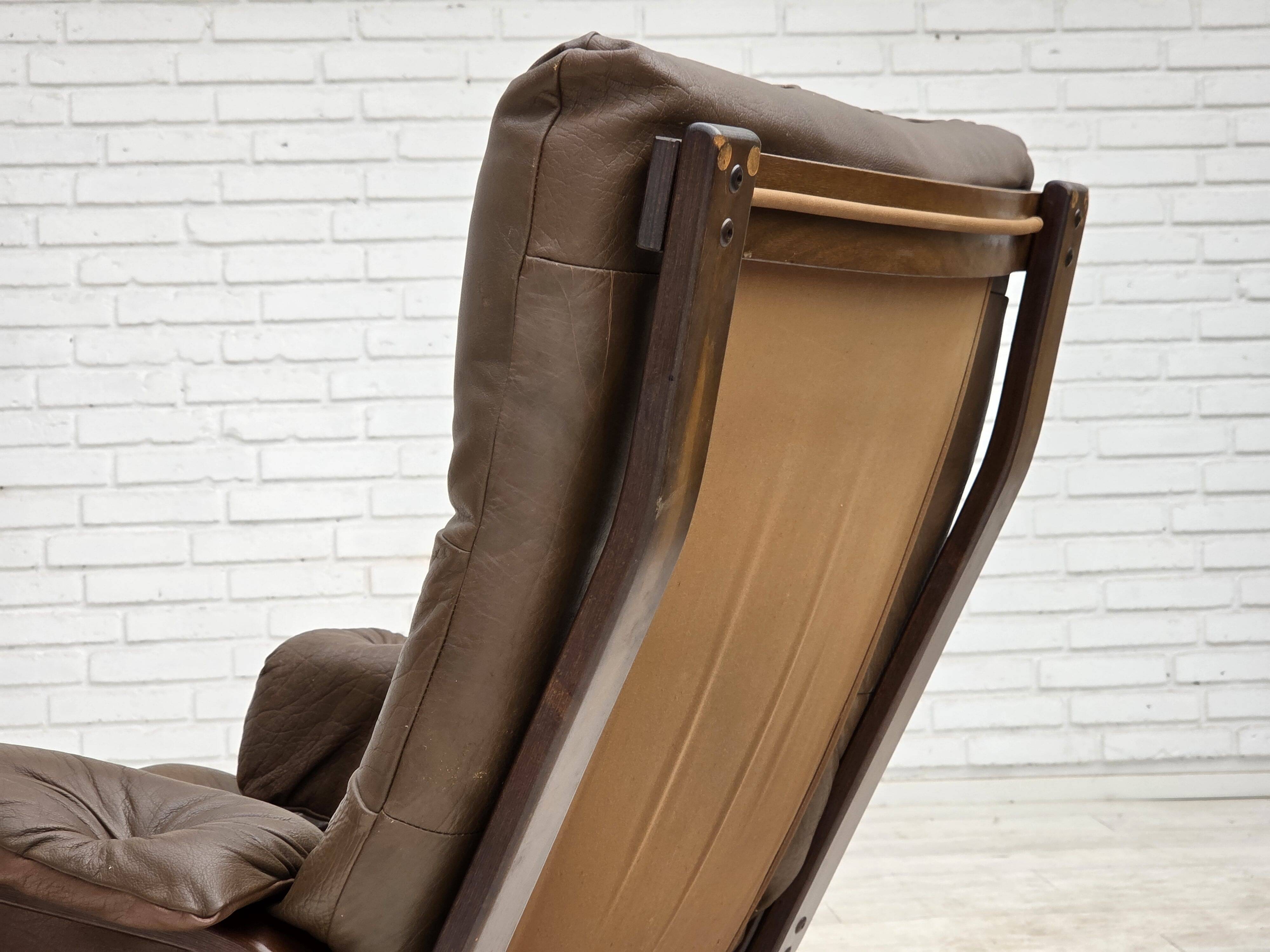 Fauteuil en cuir de meuble marron, années 1970, design scandinave,