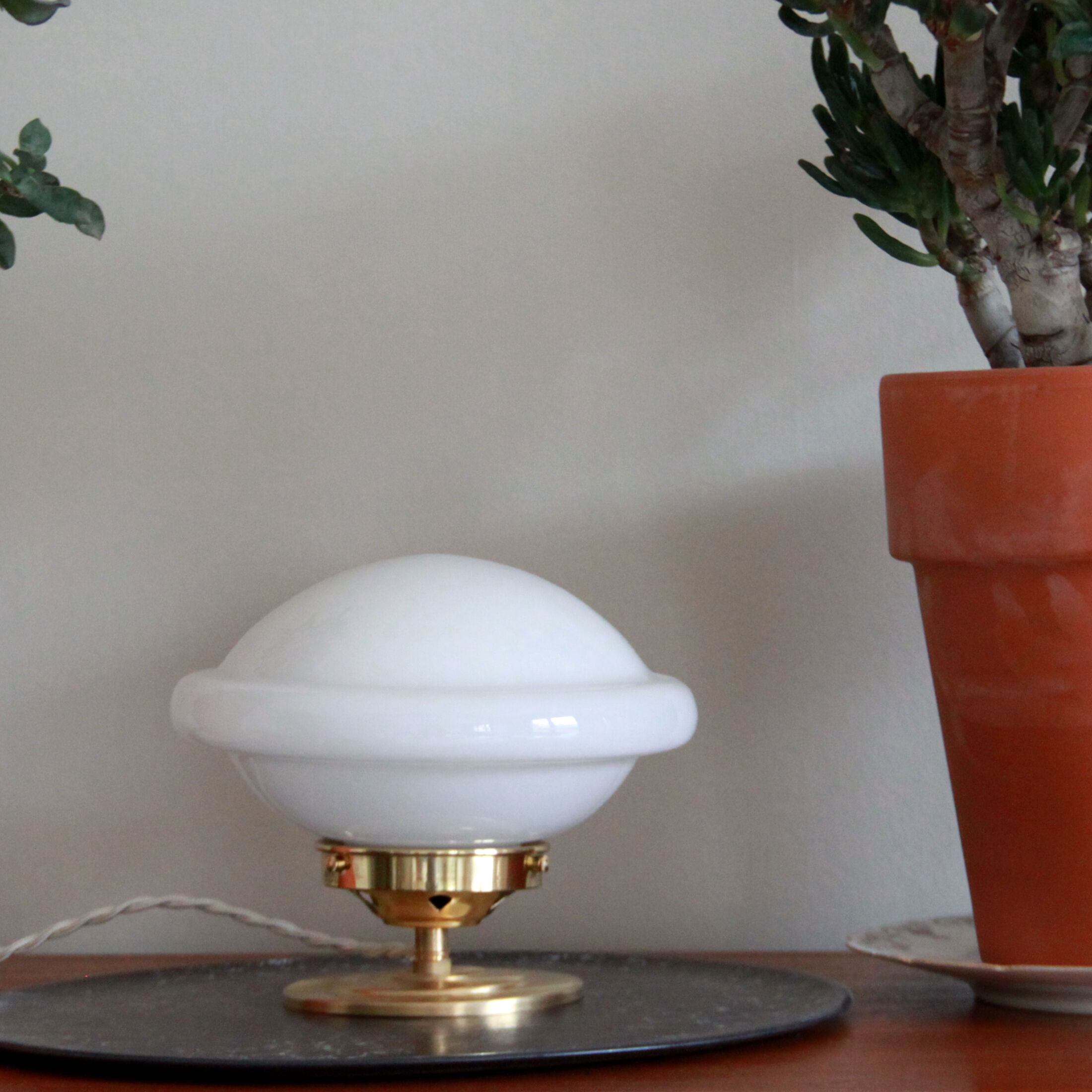 Bedside lamp desk brass globe opaline glass white art deco old