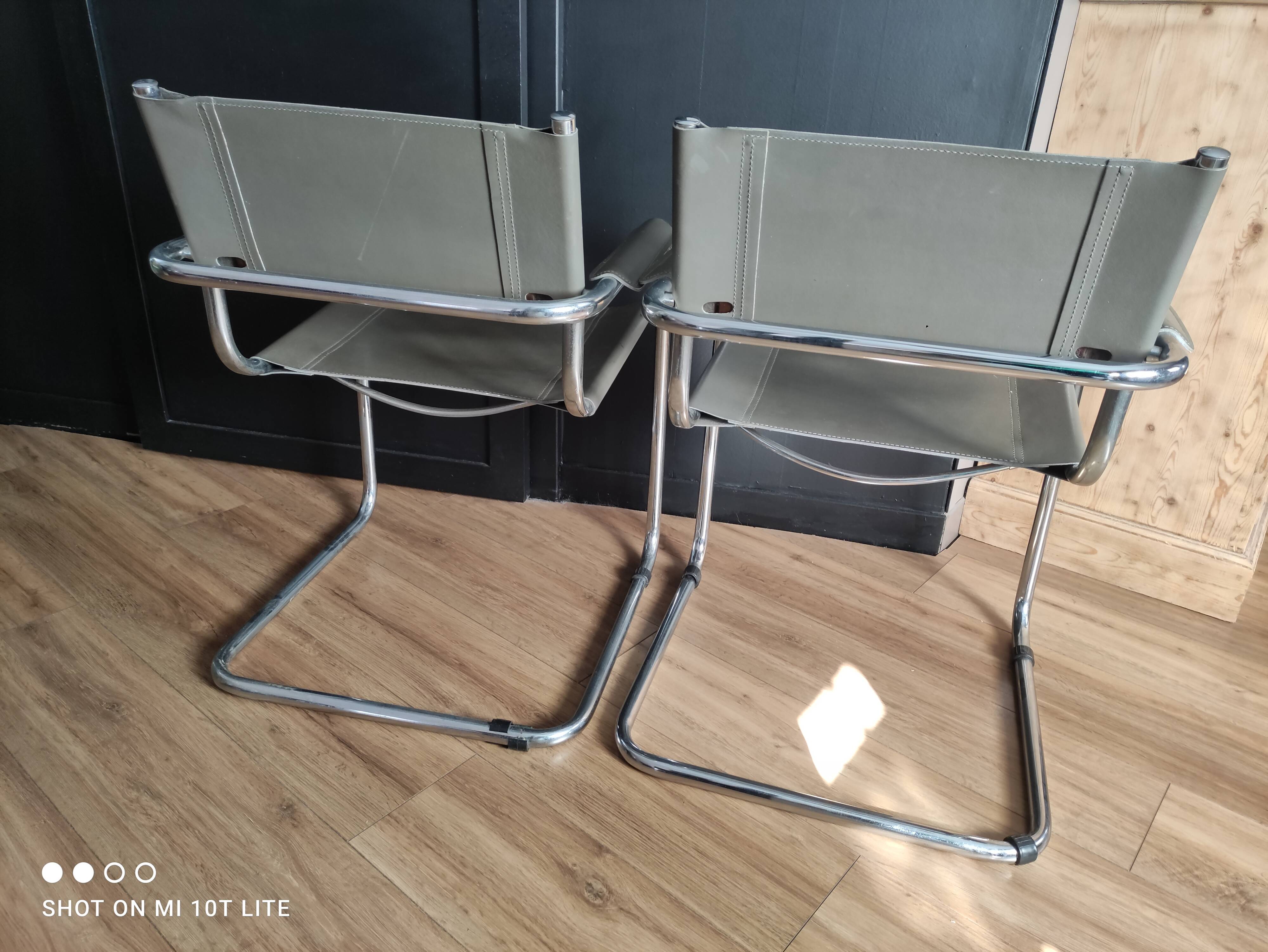 Pair of taupe Cantilever armchairs with chrome base