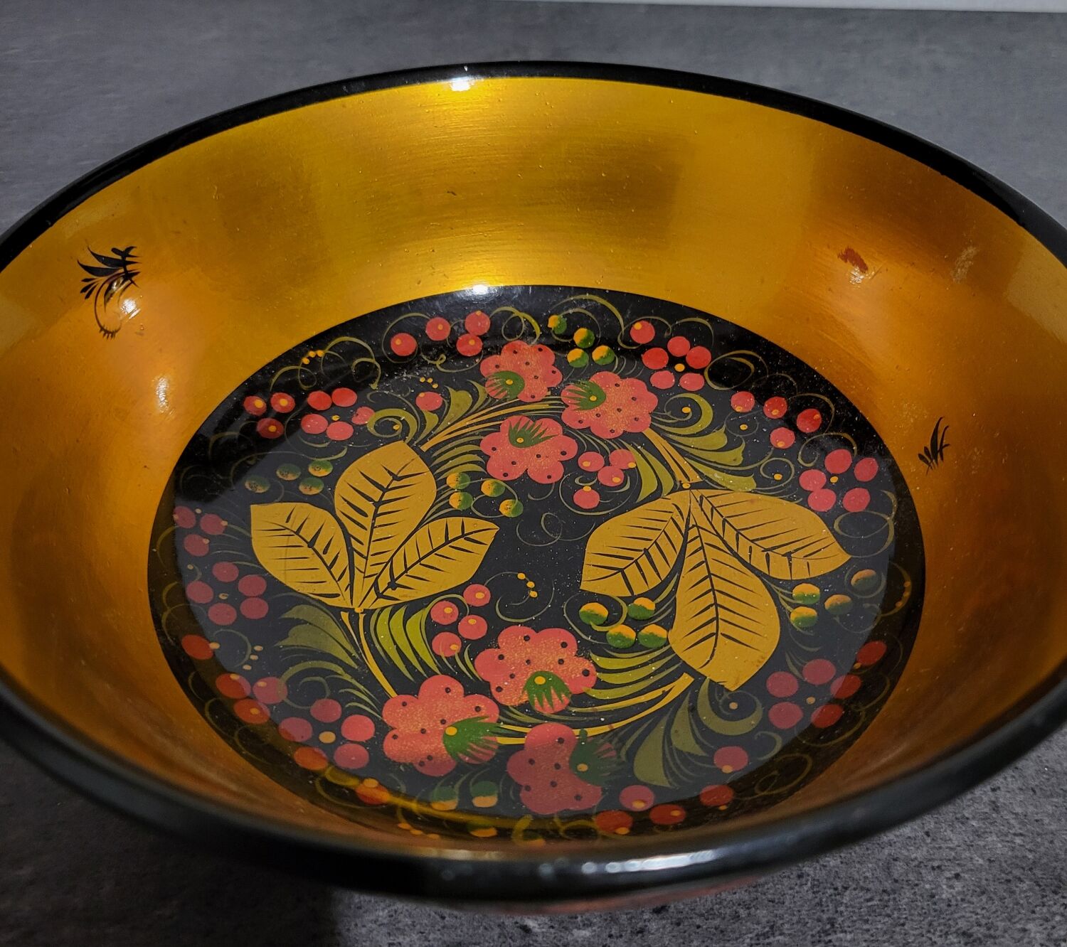 Vintage Soviet Khokhloma wooden bowl in excellent condition.