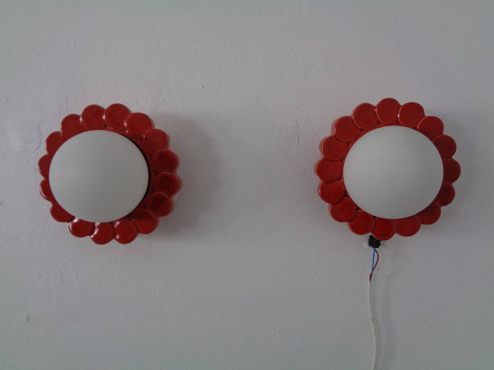 Pop Art Studio Ceramic & Glass Flower Wall Lamps, Germany, 1960s, Set of 2