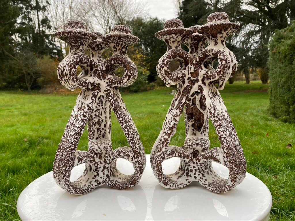 Large candle holders / candlestick Vallauris ceramic fat lava Marius Giuge 1950 x2