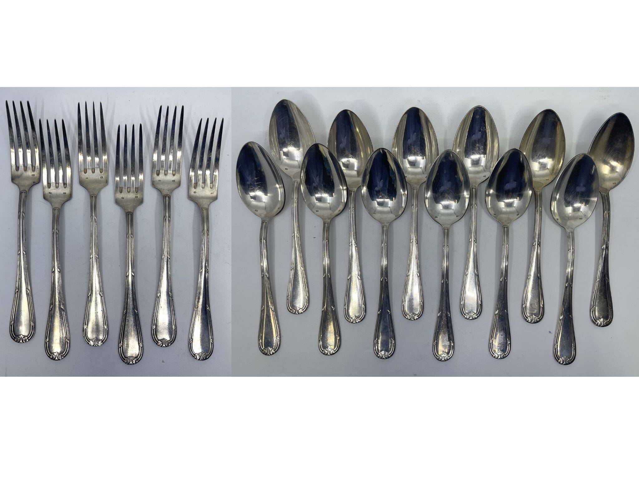 Set of 12 soup spoons and 6 silver-plated lunch forks.
