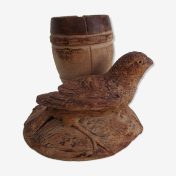 Ancient pencil pot -carved wood, bird