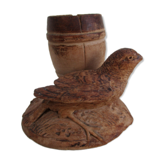 Ancient pencil pot -carved wood, bird