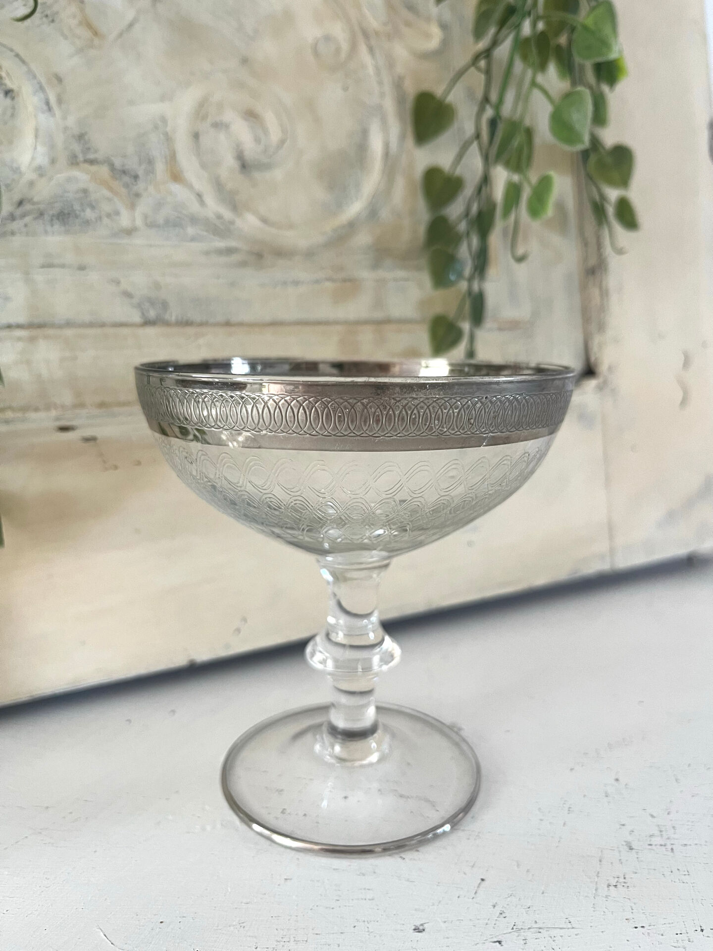 Etched silver rim cocktail coupe glasses set mid century barware