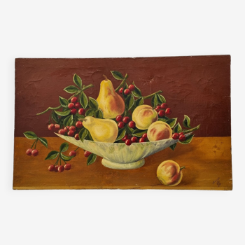 Huile sur toile ancienne corbeille de fruits