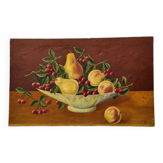 Huile sur toile ancienne corbeille de fruits