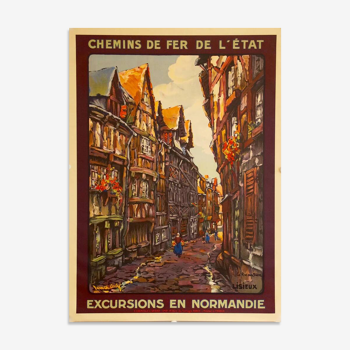 Affiche original chemin de Fer Excursions en Normandie Lisieux par Contel - On linen