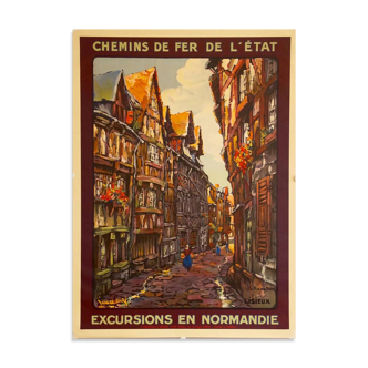 Affiche original chemin de Fer Excursions en Normandie Lisieux par Contel - On linen
