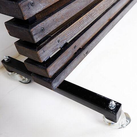 Slatted wood panel room divider or slatted coat rack with 10 mobile hooks