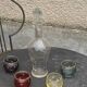 Liqueur carafe, or aperitif, carved with floral decoration in transparent glass and 4 polka dot glasses