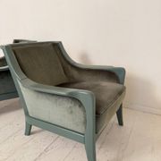 Pair Lounge Chairs in green velvet and lacquered wood, France, 1950