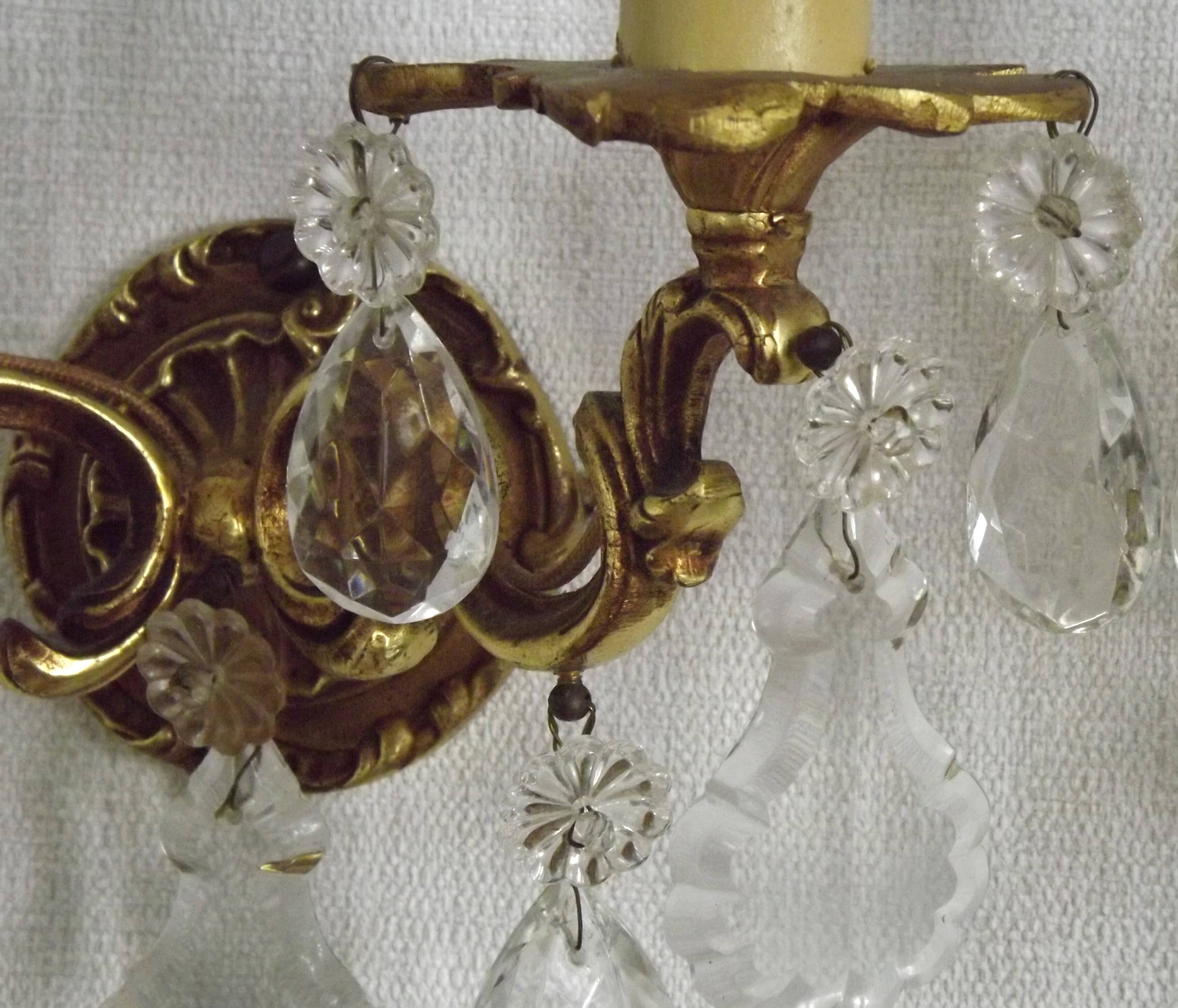 Pair of French Vintage Double Bronze Crystal Wall Lights with Acanthus Detail