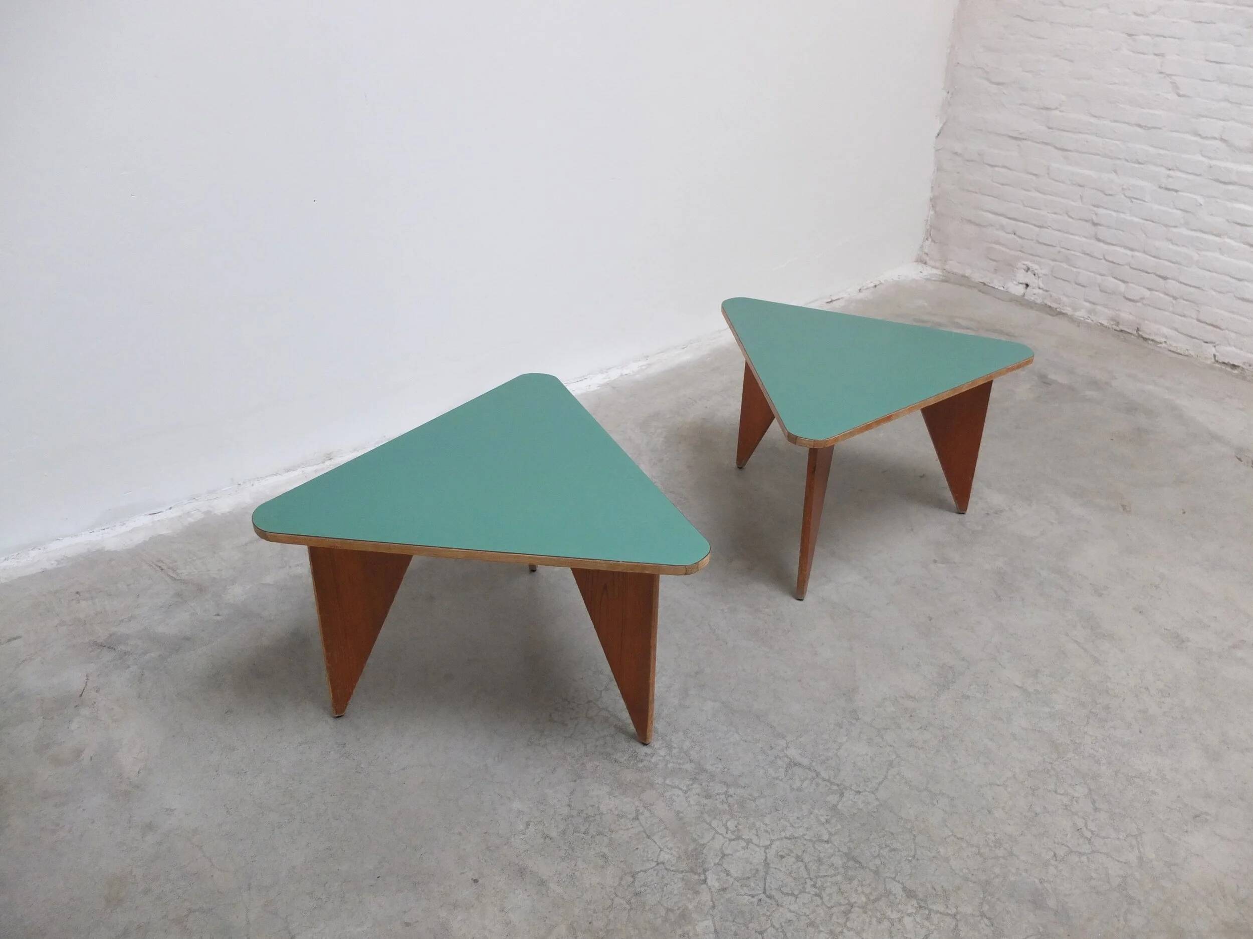 Unique pair of triangular coffee or side tables, 1960s