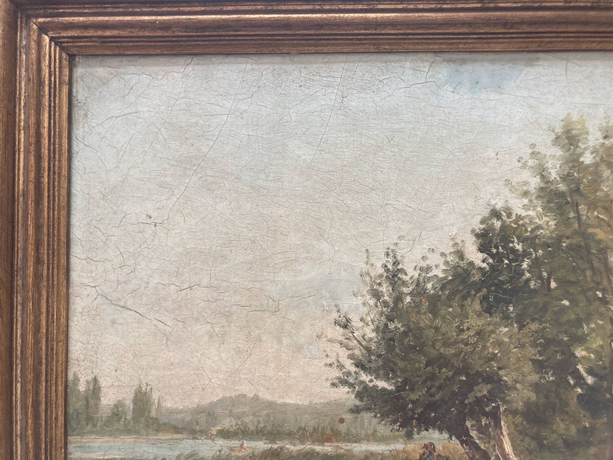Tableau ancien - scène animée : Elégantes au bord du fleuve - post impressioniste