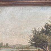 Tableau ancien - scène animée : Elégantes au bord du fleuve - post impressioniste