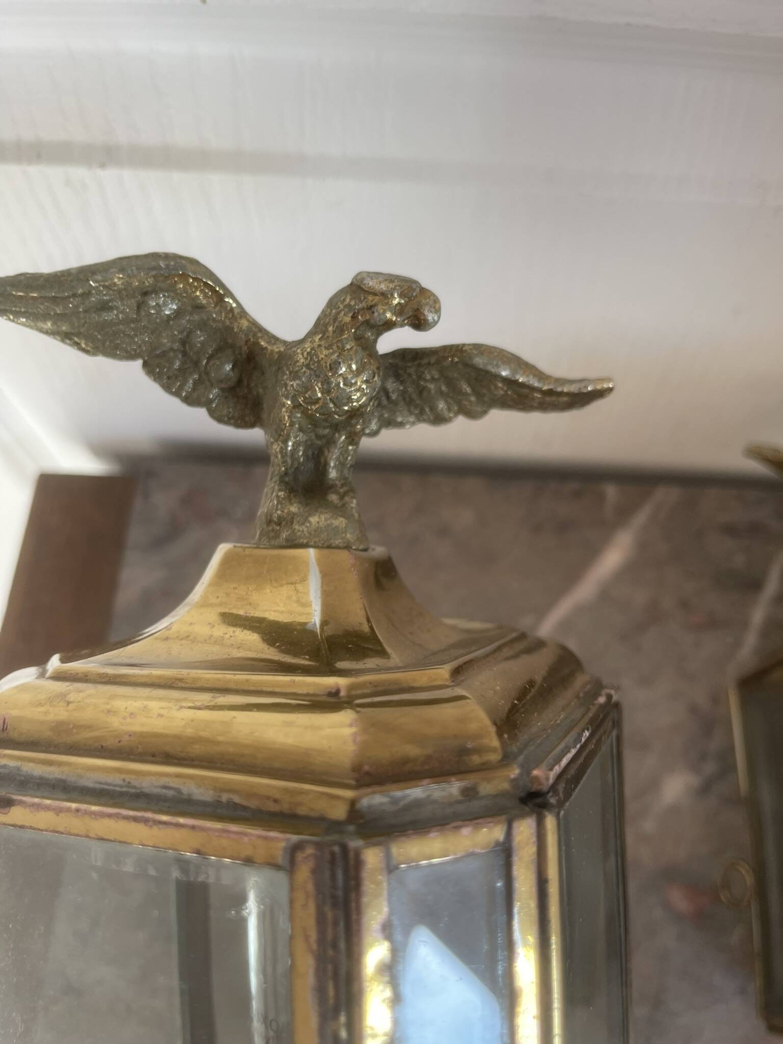 Old Pair of Gilded Brass Wall Lights in Carriage Lantern Eagle Empire Style