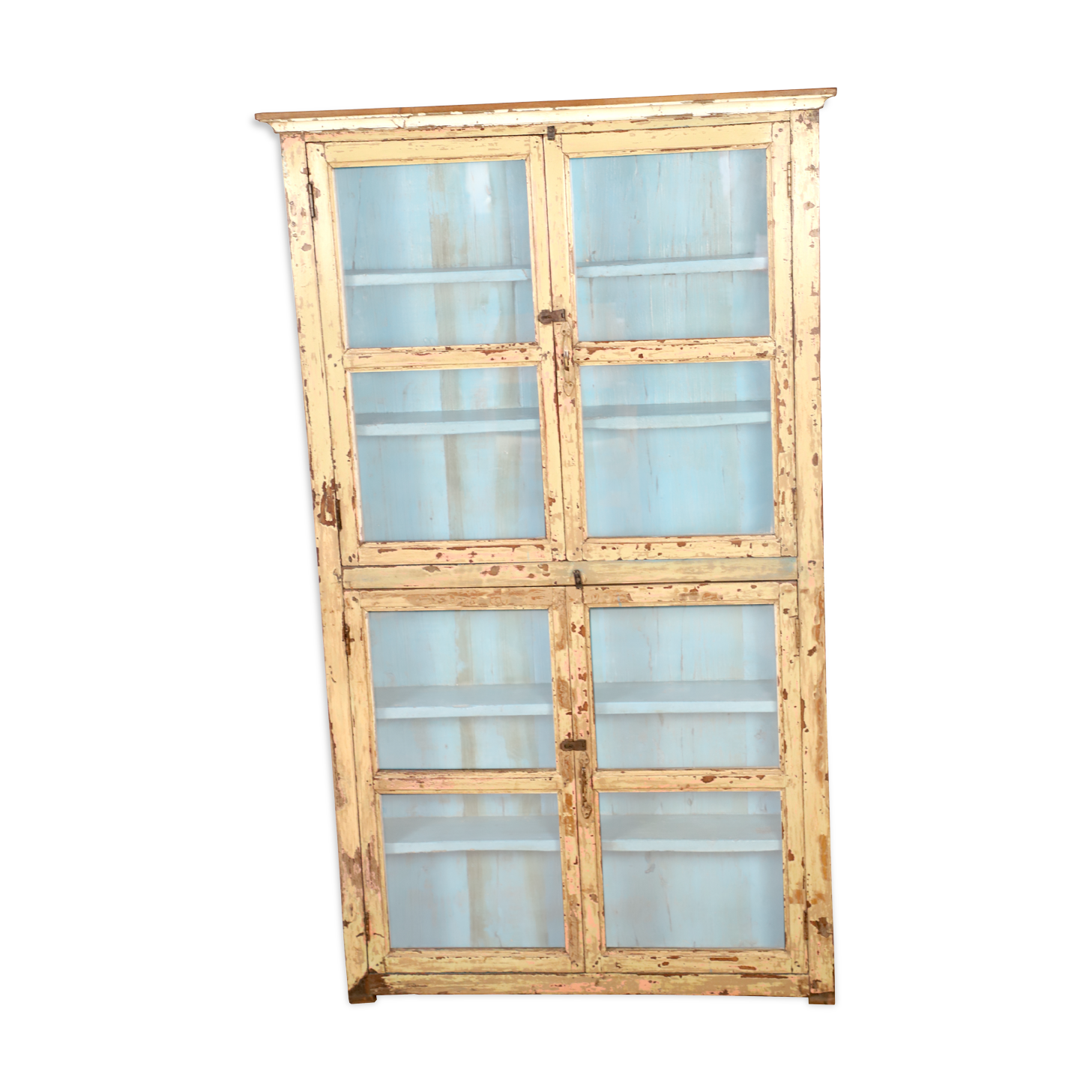 Burmese teak showcase with original beige & blue patina