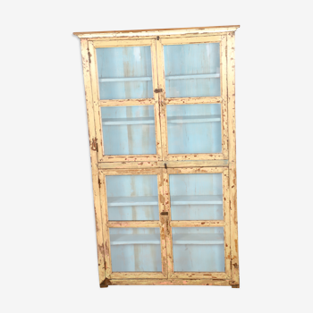 Vitrine en teck birman avec patine beige & bleue d'origine