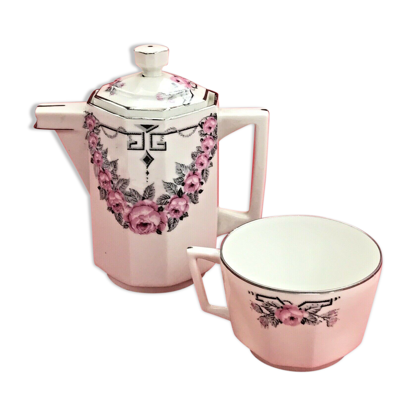 Selfish teapot and cup art deco porcelain from limoges astral roses pink & gray