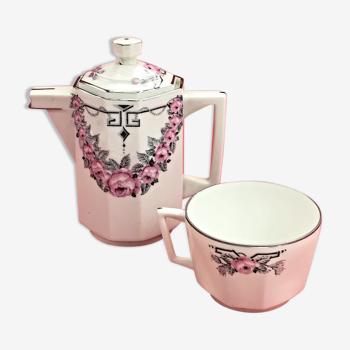Selfish teapot and cup art deco porcelain from limoges astral roses pink & gray