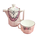Selfish teapot and cup art deco porcelain from limoges astral roses pink & gray