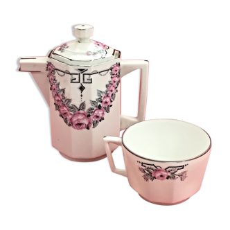 Selfish teapot and cup art deco porcelain from limoges astral roses pink & gray