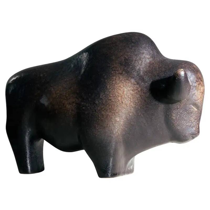 Brown glazed bull sculpture by Ed Ruscha, 1970s ceramic art