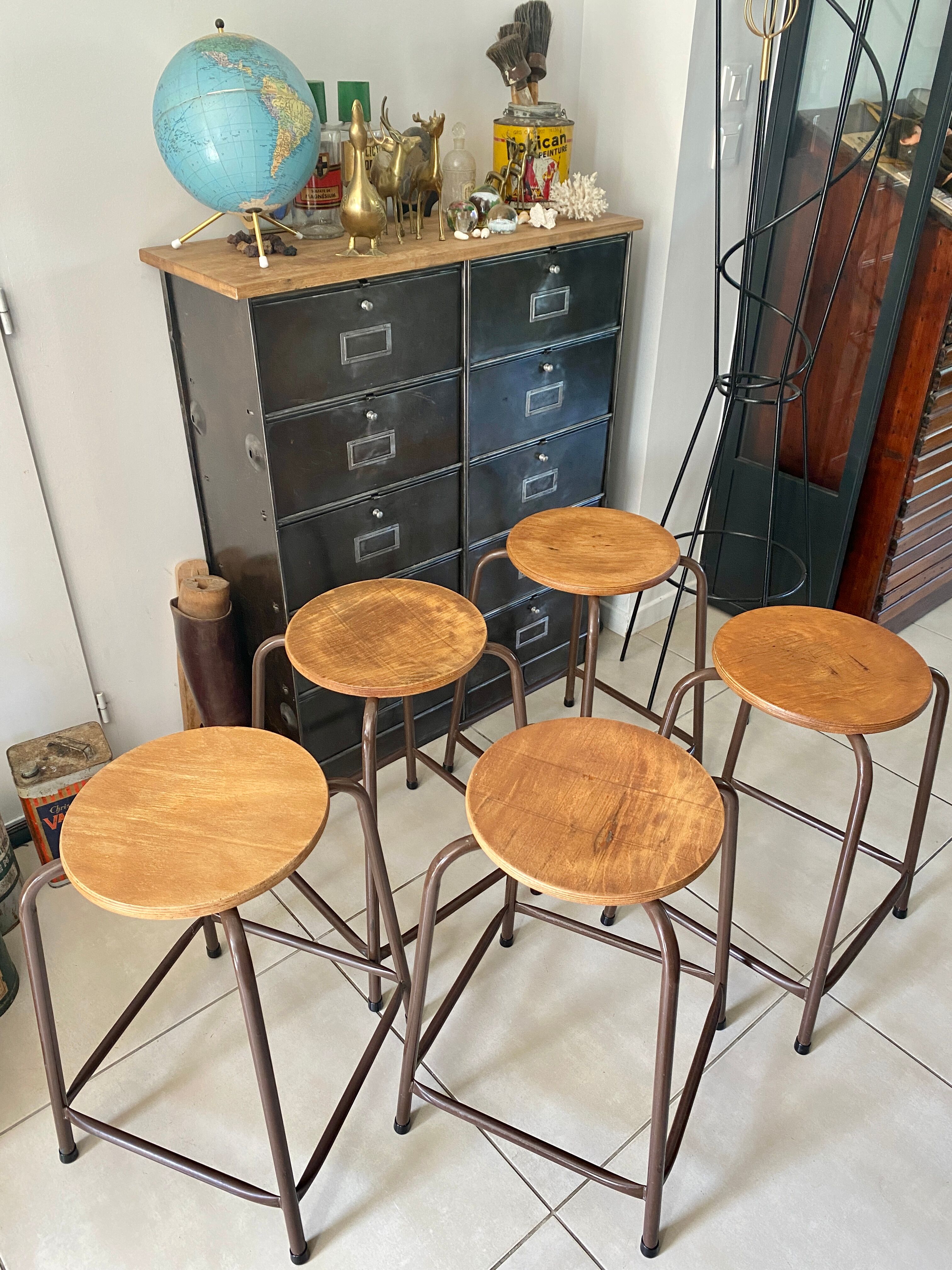 Series of 5 metal and wood workshop stools
