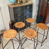 Series of 5 metal and wood workshop stools