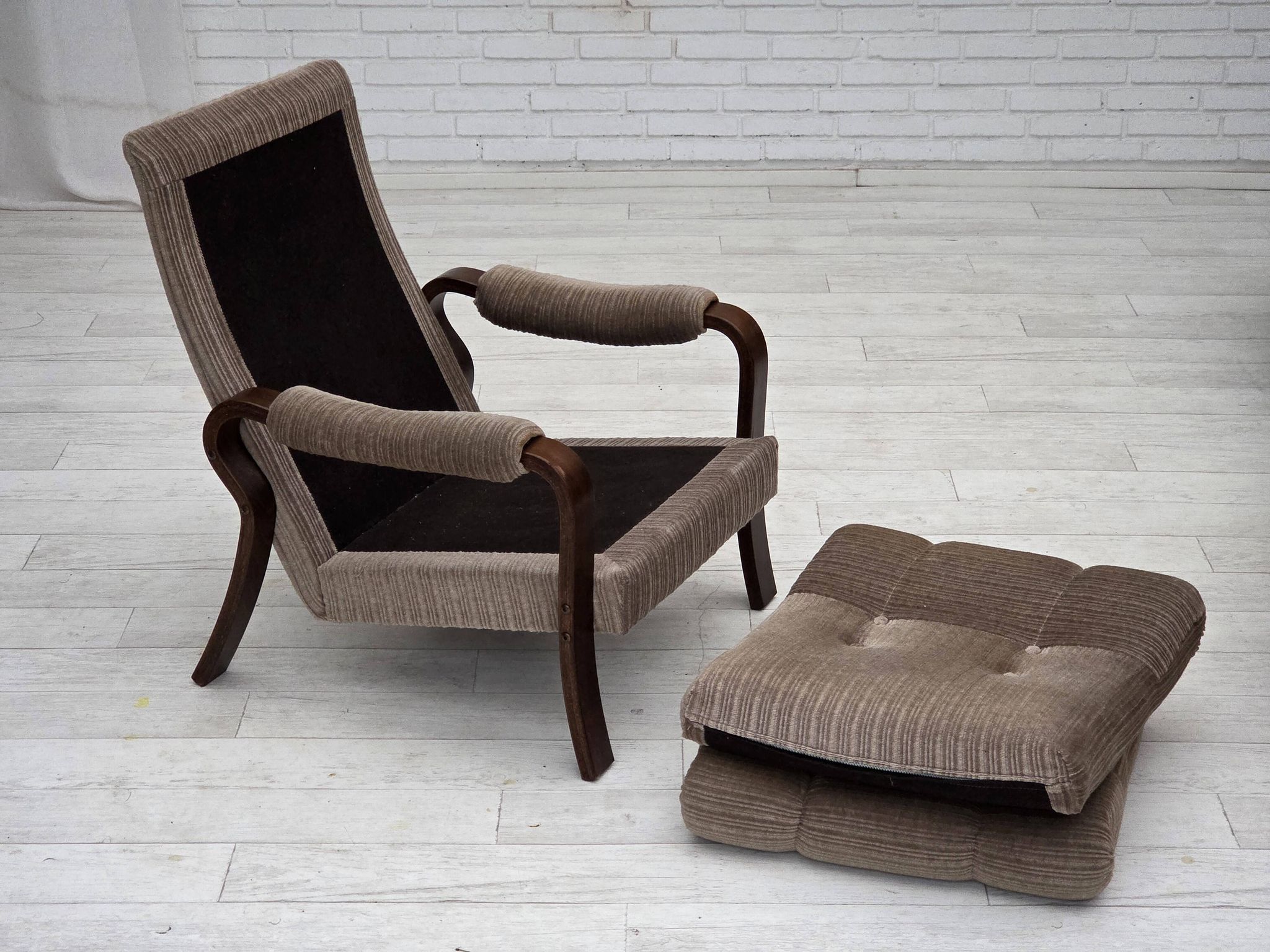1970s, pair of Danish armchairs, brown furniture corduroy, beech wood.