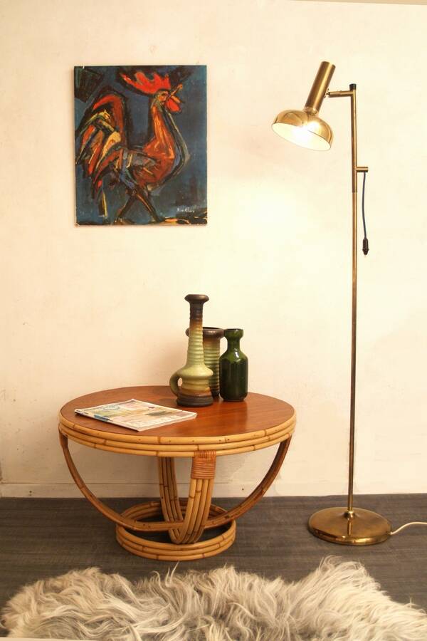 Vintage rattan coffee table with teak top