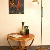 Vintage rattan coffee table with teak top