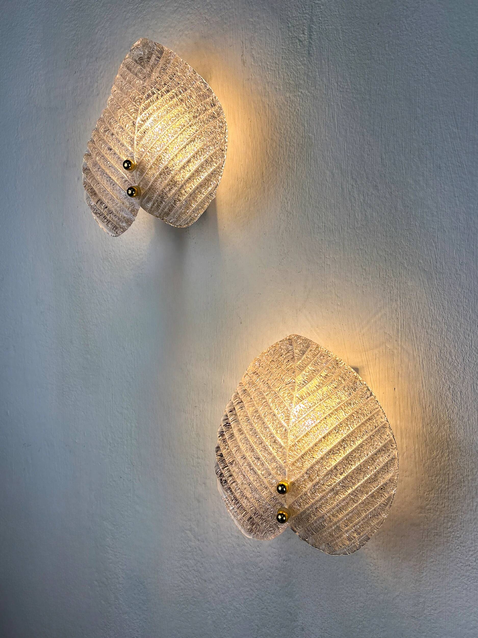 Pair of Murano frosted leaf sconces, textured glass & gilt details, Italy, 1970